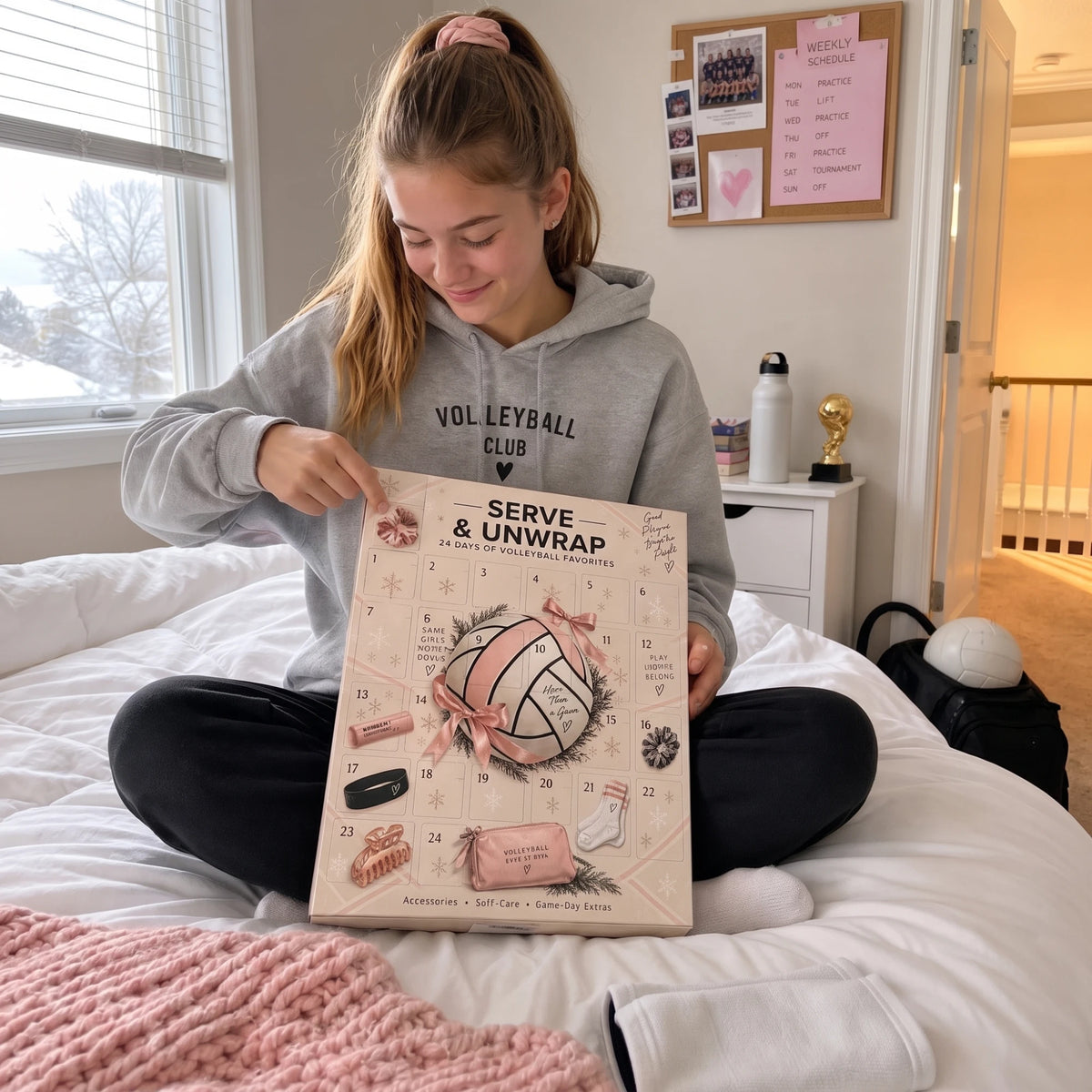 Volleyball player opening the first door of her Serve & Unwrap advent calendar