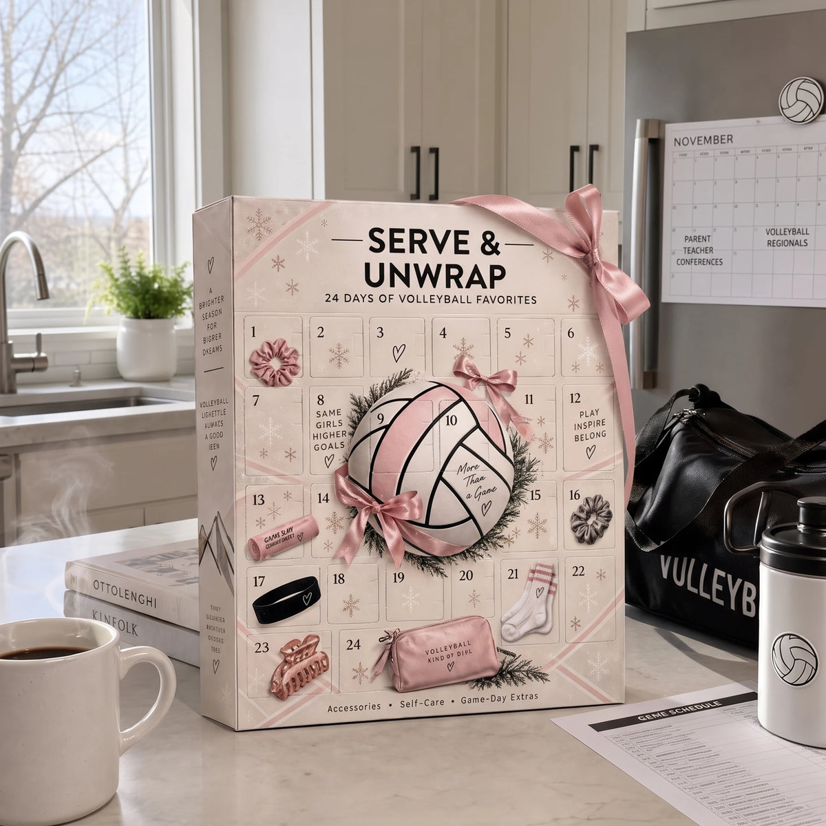 Serve & Unwrap advent calendar on a kitchen counter, ready to give